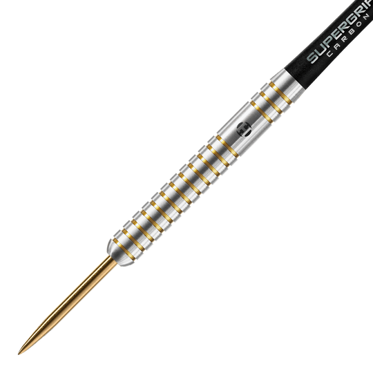 Edición de aniversario de Harrows Los Steeldarts originales Das Bild zeigt einen Harrows Anniversary Edition The Original Steeldart. Der Dartpfeil hat ein silbernes Barrel mit goldenen Rillen und einer goldenen Spitze.