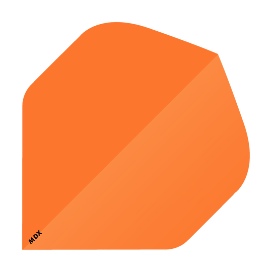 MCD214_MDX_Standard_Flights_Neonorange_1 Das Bild zeigt ein orangefarbenes Quadrat mit einer diagonalen Schattierung. In der unteren linken Ecke steht in schwarzer Schrift „MDX“.