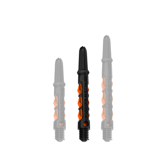 HR429_Harrows_Carbon_ST_Shafts_Orange_40mm_1QUzP4v3nomhOa Das Bild zeigt drei Harrows Carbon ST Shafts in der Farbe Orange. Die Dartschäfte sind in verschiedenen Längen nebeneinander angeordnet.