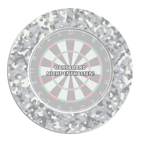 Marco de diana McDart Camo Dieses Bild zeigt ein Dartboard-Surround mit Schneetarnung. Das Produkt ist rund und dient als Schutz für die Wand beim Dartspielen.