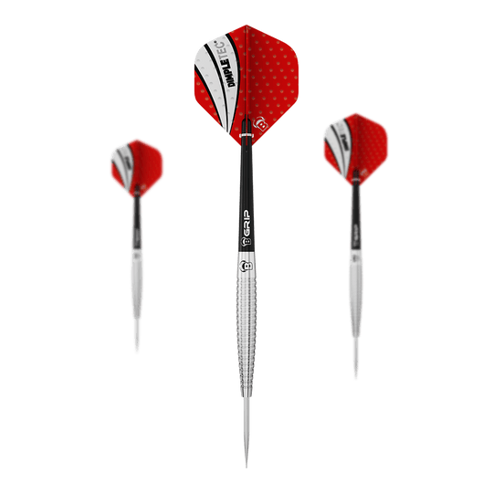 dardos de acero Bulls Dot D6 Das Bild zeigt drei Steeldarts mit roten Flights und silbernen Spitzen. Die Flights haben ein weiß-schwarzes Muster mit dem Aufdruck "PIMPLETEC".