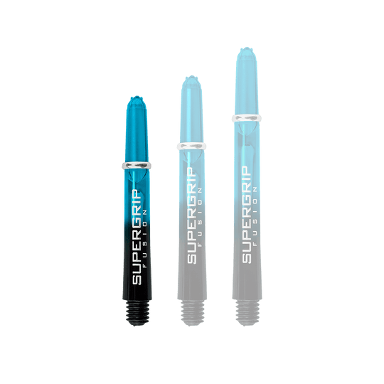 Das Bild zeigt drei Harrows Supergrip Fusion Shafts in der Farbe Aqua. Die Shafts haben einen blauen oberen Teil und einen schwarzen unteren Teil mit weißer Aufschrift.