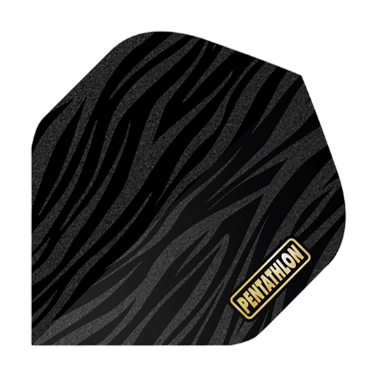 Vuelos de pentatlón RT Zebra Das Bild zeigt ein Dartflight mit einem Zebra-Muster in Schwarz und Grau. In der unteren Ecke steht das Wort "Pentathlon" in gelber Schrift.
