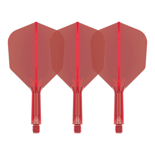 Sistema de vuelo Target K-Flex No6 - Rojo Auf dem Bild sind drei rote Dart-Flights mit Shafts zu sehen. Sie sind identisch und stehen nebeneinander auf weißem Hintergrund.