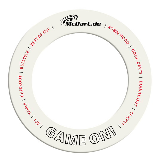 Juego de dardos McDart en la diana Das Bild zeigt ein weißes Dartboard-Surround. Es sorgt dafür, dass Pfeile die Wand nicht beschädigen.