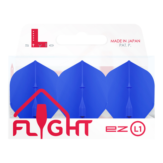 L-Style Champagne L1EZ Standard Flights Das Bild zeigt eine Verpackung mit drei blauen Dart-Flights der Marke "L-Style Champagne L1EZ Standard". Auf der Verpackung steht "Made in Japan" und die Marke ist deutlich sichtbar.