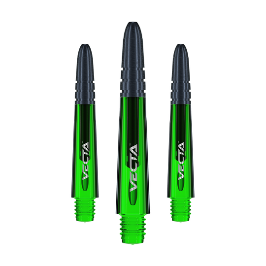 7025-104_Winmau_Vecta_Shafts_Gr-n_34mm_16pLz4tRurbhcf Das Bild zeigt drei grüne Winmau Vecta Shafts für Dartpfeile. Die Shafts haben schwarze Spitzen und sind aus glänzendem Material gefertigt.