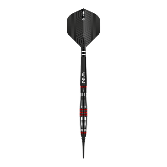 Dardos blandos Red Dragon Marlin Venom - 22 g Das Bild zeigt einen Red Dragon Marlin Venom Softdart mit einem Gewicht von 22g. Der Dart hat ein modernes Design mit schwarzen und roten Akzenten.
