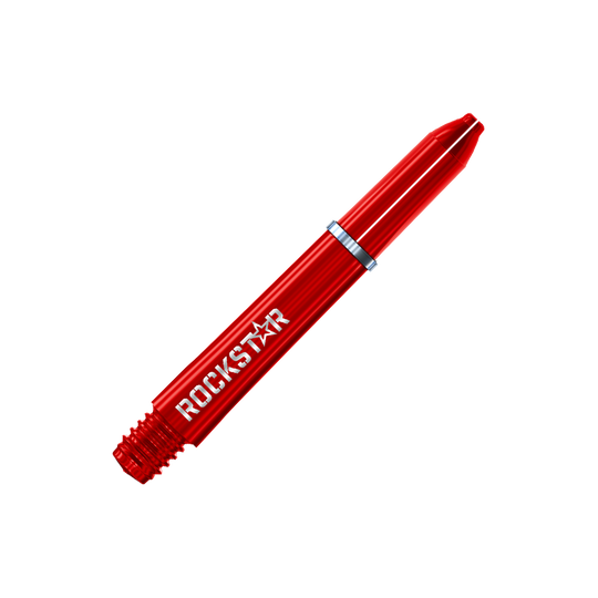Varillas de nailon Winmau Joe Cullen Rockstar Das Bild zeigt einen roten Dart-Schaft mit der Aufschrift „ROCKSTAR“. Der Schaft hat eine glänzende Oberfläche und einen silbernen Ring in der Mitte.