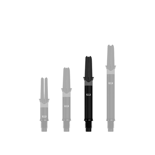 Das Bild zeigt drei schwarze Dartschäfte in unterschiedlichen Längen. Sie stehen nebeneinander auf einem transparenten Hintergrund.