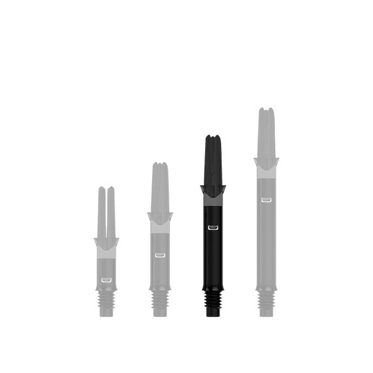 Ejes L-Style silenciosos rectos - Negro Das Bild zeigt drei schwarze Dartschäfte in unterschiedlichen Längen. Sie stehen nebeneinander auf einem transparenten Hintergrund.