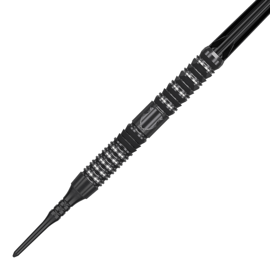 Dardos blandos Target Japan Black Marque Draco GEN2 - 20 g Das Bild zeigt einen Target Japan Black Marque Draco GEN2 Softdart mit einem Gewicht von 20g. Der Dart ist schwarz-silbern und hat ein modernes, gerilltes Design für besseren Halt.
