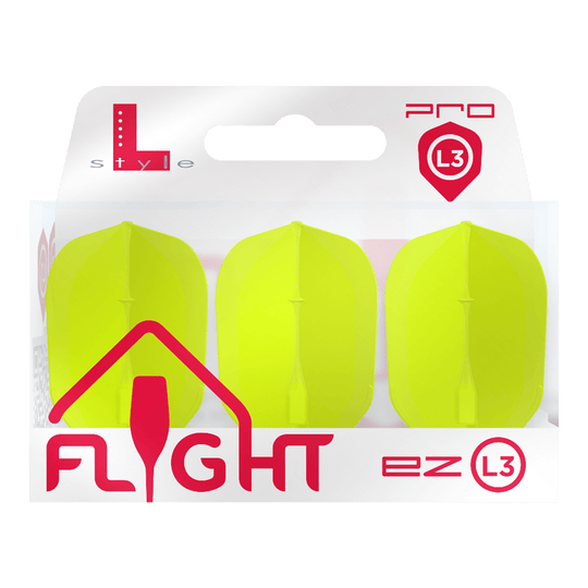 Vuelos L-L-Style3EZ Das Bild zeigt eine Packung mit drei neon-gelben Dart-Flights der Marke L-Style. Auf der Verpackung steht „FLIGHT ez L3 Pro“.