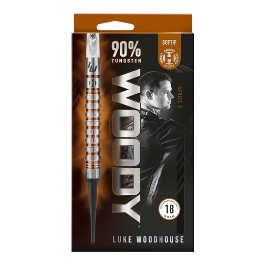 Dardos suaves Harrow's Luke Woodhouse Serie 2 - 18 g Die Verpackung zeigt die Harrows Luke Woodhouse Series 2 Softdarts mit einem Gewicht von 18 Gramm. Auf der Vorderseite ist ein großes Bild eines Softdarts sowie das Porträt von Luke Woodhouse abgebildet.