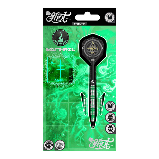 Dardos de acero de mithril de Shot Alchemy Dieses Bild zeigt die Shot Alchemy Mythril Steeldarts. Das Design der Steeldarts ist detailliert und modern.