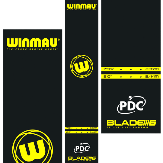 Tapete de dardos Winmau Pro-Zone Essential de PVC Das Bild zeigt die Winmau Pro-Zone Essential PVC Dartmatte mit auffälligen gelben Logos und Markierungen. Die Matte zeigt Abwurflinien in den Längen 2,37 m und 2,44 m sowie die Logos von Winmau, PDC und Blade 6.
