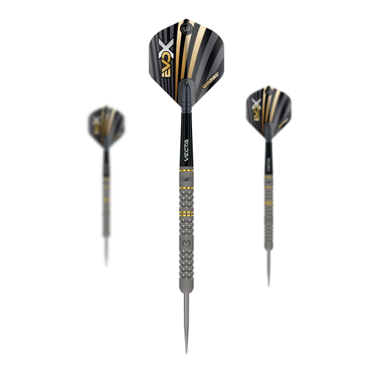 Dardos de acero Winmau Michael Van Gerwen Evo-X Das Bild zeigt drei Winmau Michael Van Gerwen Evo-X Steeldarts mit schwarzer und goldener Optik. Die Darts haben ein modernes Design und sind in einer Vorder- und zwei Seitenansichten dargestellt.