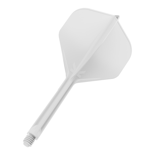 Sistema de vuelo estándar Target K-Flex No2 - Blanco Das Bild zeigt einen weißen Dartflügel mit integriertem Schaft. Der Schaft hat ein Schraubgewinde am Ende zur Befestigung am Dartpfeil.