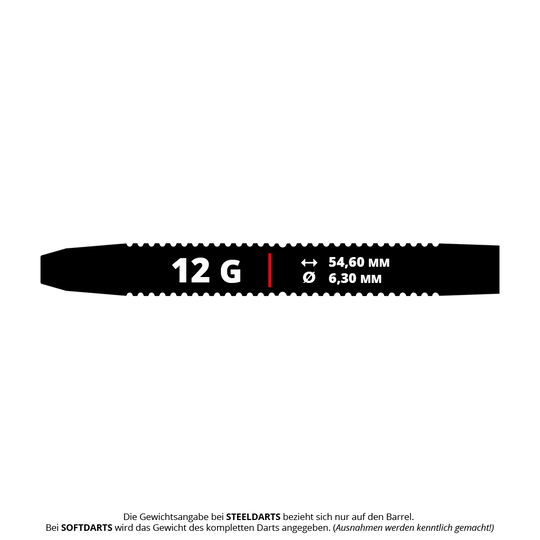 Das Bild zeigt die Maße und das Gewicht des Produkts "GOAT Athlete Blue Brass Steeldarts - 12g". Der Dart hat ein Gewicht von 12 Gramm, eine Länge von 54,60 mm und einen Durchmesser von 6,30 mm.