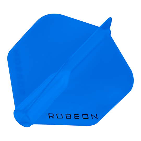 Robson Plus Standard Flights Das Bild zeigt einen blauen Dartflight mit der Aufschrift "ROBSON". Der Flight hat eine standardmäßige sechseckige Form.