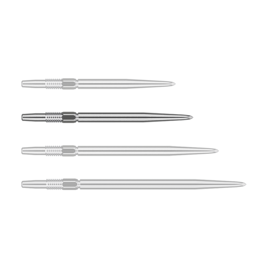 Puntas de dardos Target Swiss Point Silver Das Bild zeigt vier silberne Dartspitzen, die nebeneinander liegen. Sie sind lang, schmal und haben ein geriffeltes Stück am oberen Ende.
