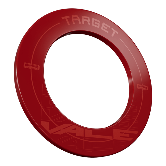 Marco para tablero de dardos Target VALE Das Bild zeigt das Produkt "Target VALE Dartboard Surround" in einem kräftigen Rotton. Es handelt sich um einen runden Schutzring für eine Dartscheibe mit der Aufschrift "TARGET" und "VALE".