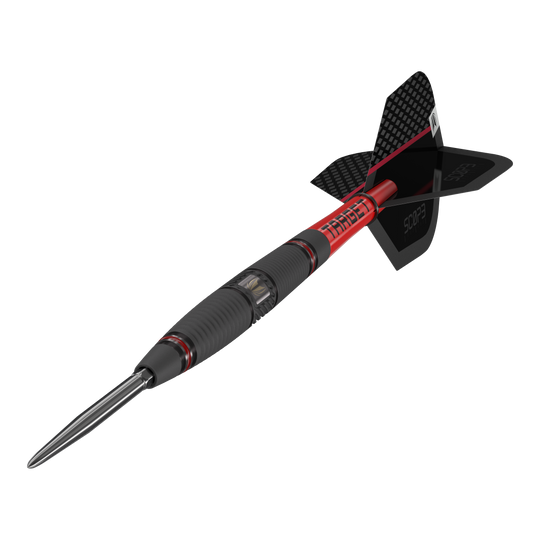 Dardos de acero Target Scope 04 Swiss Point Das Bild zeigt den Target Scope 04 Swiss Point Steeldart. Der Dart hat ein schwarz-rotes Design mit geriffeltem Griff und einer metallischen Spitze.