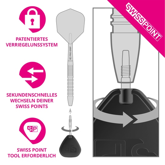 Puntas de dardos de acero Target Swiss Point Storm Surge - doradas Das Bild zeigt ein patentiertes Verriegelungssystem für Dartspitzen namens Swiss Point. Es erklärt, dass der Wechsel der Spitzen in Sekundenschnelle mit einem speziellen Werkzeug möglich ist.