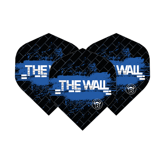 Das Bild zeigt drei schwarze Dart-Flights mit blauen Akzenten und der Aufschrift „THE WALL“. Es handelt sich um die Bulls B-Star Martin Schindler Black Blue No2 Standard Flights.