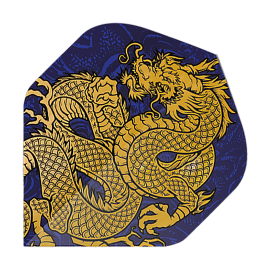 Vuelos de pentatlón Dragón azul Das Bild zeigt ein Dart-Flight mit einem goldenen Drachenmotiv auf dunkelblauem Hintergrund. Es handelt sich um das Produkt "Pentathlon Dragon 4 Standard Flights".