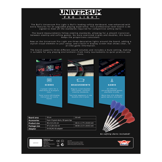 Diana electrónica Bulls NL Universum Pro Light - Azul y rojo Auf dem Bild ist das Bulls NL Universum Pro Light Elektronisches Dartboard - Blau Rot zu sehen. Es eignet sich perfekt für Darts-Spiele zu Hause.