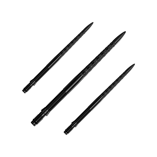 Puntas de dardo Mission R2.5 Rapid Point DSX - Negras Ein Set schwarzer Dartspitzen ist zu sehen. Die Dartspitzen sind Mission R25 Rapid Point DSX mit einer Länge von 40mm.