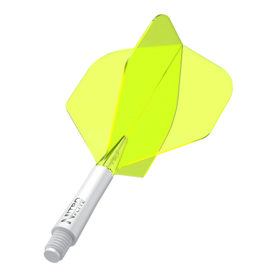 Das Bild zeigt einen gelben Dartflight mit einem weißen Schaft. Auf dem Schaft steht der Text "NITRO FLITE".