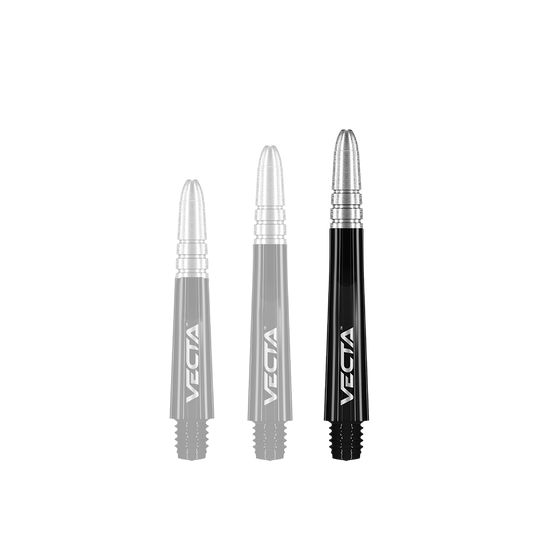 Winmau Vecta Shafts - Schwarz Silber Auf dem Bild sind drei schwarze und silberne Dartschäfte der Marke Vecta zu sehen. Sie haben eine glänzende Oberfläche und sind jeweils mit dem Schriftzug "VECTA" versehen.
