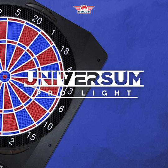 Diana electrónica Bulls NL Universum Pro Light - Azul y rojo Das Bild zeigt das Bulls NL Universum Pro Light Elektronisches Dartboard in Blau und Rot. Es ist ein elektronisches Dartboard für Freizeit- und Profispieler.
