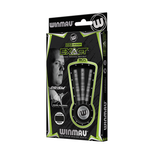 1468_Winmau_Michael_Van_Gerwen_Exact_Steeldarts_3 Auf dem Bild ist eine Packung "Winmau Michael Van Gerwen Exact Steeldarts" zu sehen. Die Verpackung zeigt drei Darts und das Bild sowie die Unterschrift von Michael Van Gerwen.