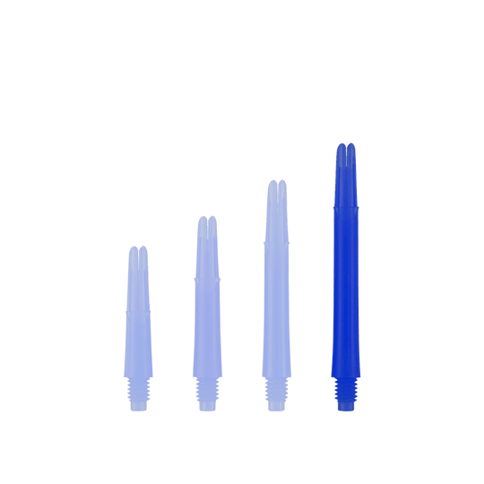 Ejes en L bloqueados rectos estilo L - Azul Auf dem Bild sind vier blaue gerade Dartschäfte in unterschiedlichen Längen zu sehen. Sie stehen nebeneinander aufrecht und haben ein Schraubgewinde am unteren Ende.