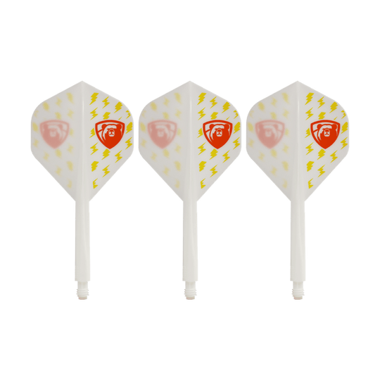 Sistema de vuelo Condor AX Thunderbolt blanco - Estándar Das Bild zeigt drei weiße Dartflights des Condor AXE Thunderbolt White Flight-Systems in Standardform. Die Flights sind mit gelben Blitzen und einem roten Schild-Logo verziert.