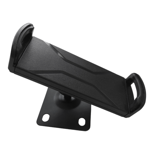 Soporte de pared para tablet McDart TABSteady Das Bild zeigt die McDart TABSteady Tablet Wandhalterung. Die Halterung ist schwarz und hat zwei seitliche Haltearme für ein Tablet.