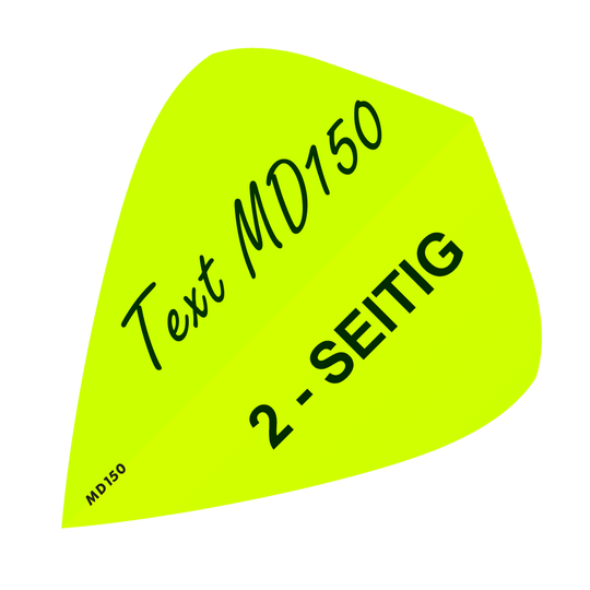 MD-305_2-Seitig_Bedruckte_Flights_Wunschtext_MD150_Neongelb_Kite_1 Das Bild zeigt eine gelbe Fläche mit dem Text "Text MD150" und "2-SEITIG". In der Ecke steht außerdem klein "MD150".