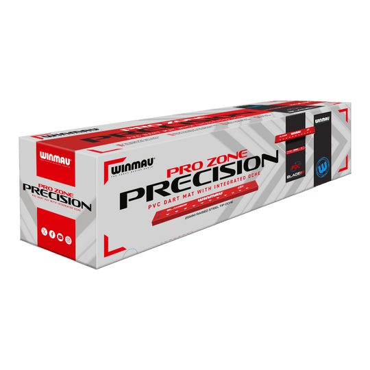 Tapete de dardos Winmau Pro-Zone Precision Blade para 6 dardos con acabado oche Die Abbildung zeigt die Verpackung der "Winmau Pro-Zone Precision Blade 6 Dartmatte mit Oche". Auf der Verpackung steht, dass es sich um eine PVC-Dartmatte mit integriertem Oche handelt.