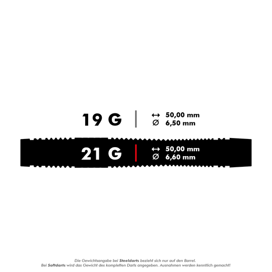 Dardos blandos Target Scope 11 Das Bild zeigt zwei Gewichtsoptionen für Softdarts: 19 Gramm und 21 Gramm. Beide Optionen haben eine Länge von 50,00 mm, jedoch beträgt der Durchmesser 6,50 mm bei 19 g und 6,60 mm bei 21 g.