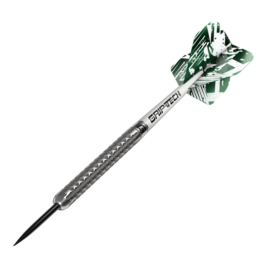 Dardos de acero de tungsteno GOAT Fairway V1 Das Bild zeigt einen GOAT Fairway V1 Tungsten-Steeldart mit silbernem, strukturiertem Griff. Am hinteren Ende befindet sich ein grüner Flight mit weißem Muster und der Aufschrift "GRIPTECH".