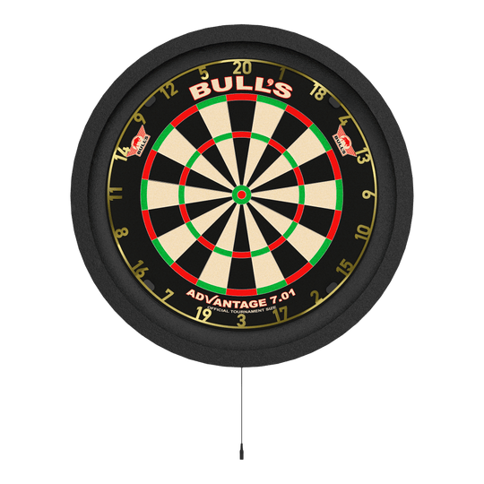 Das Bild zeigt eine Dartscheibe mit einer runden, beleuchteten Umrandung. Es handelt sich um das Produkt „Bulls NL Lumo 2 Light Surround Beleuchtungssystem“.