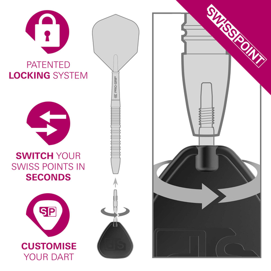 Abgebildet ist das Produkt Target Japan Premium Swiss Point Steldartspitzen - Schwarz. Es handelt sich um schwarze Steeldartspitzen in Japan-Premium-Qualität.