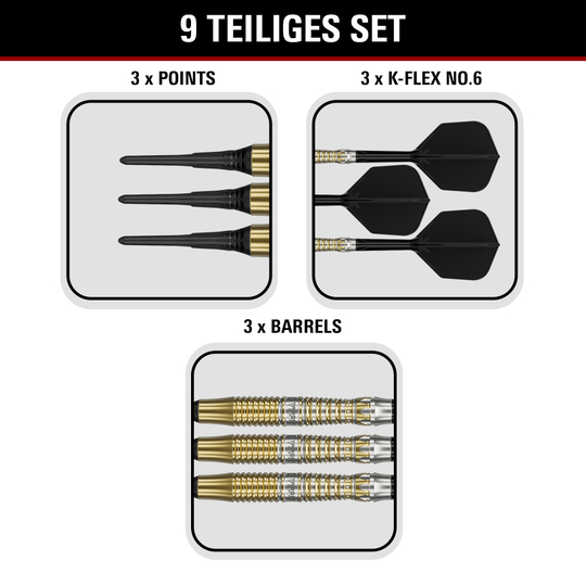 Dardos blandos Target Black Marque Enzo - 18 g Auf dem Bild befinden sich die Target Black Marque Enzo Softdarts mit 18g Gewicht. Die Softdarts sind für ihre gute Balance und Verarbeitung bekannt.