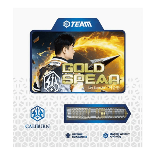 Dardos Caliburn Players Lee Soon An Gold Spear Steeldarts - 23 g Abgebildet sind die Caliburn Players Darts Lee Soon An Gold Spear Steeldarts, 23g. Diese Darts zeichnen sich durch eine goldfarbene Optik aus.