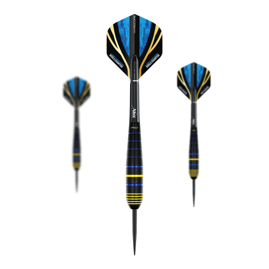 Dardos de acero de latón Red Dragon Luke Humphries, campeón mundial Das Bild zeigt drei Luke Humphries World Champion Brass Steeldarts von Red Dragon. Die Darts haben schwarze, blaue und gelbe Akzente sowie auffällige Flights mit blauem Muster.