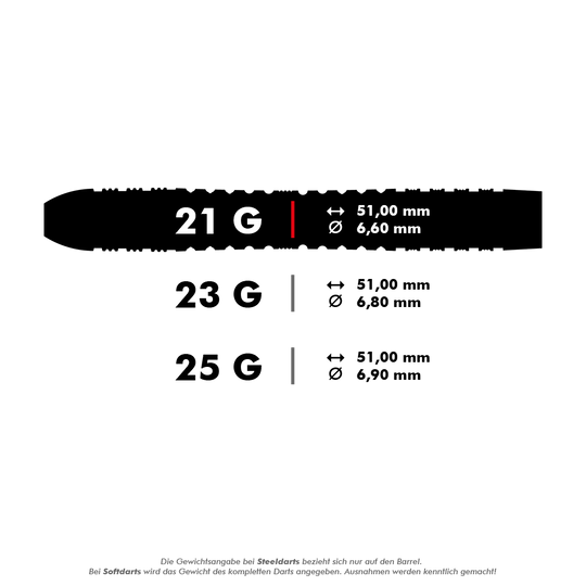 Dardos de acero Target Bolide Void 04 Swiss Point Das Bild zeigt drei verschiedene Gewichte von Steeldarts: 21 g, 23 g und 25 g, jeweils mit einer Länge von 51 mm. Die Durchmesser variieren je nach Gewicht zwischen 6,60 mm, 6,80 mm und 6,90 mm.