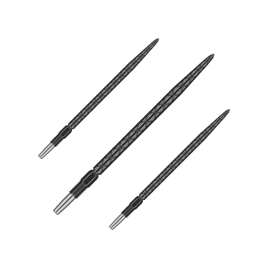 Puntas de dardos Target Swiss Diamond Pro Black Points Das Bild zeigt drei schwarze Dartspitzen mit einem rautenförmigen Muster. Sie sind lang und haben ein silbernes Schraubgewinde am Ende.
